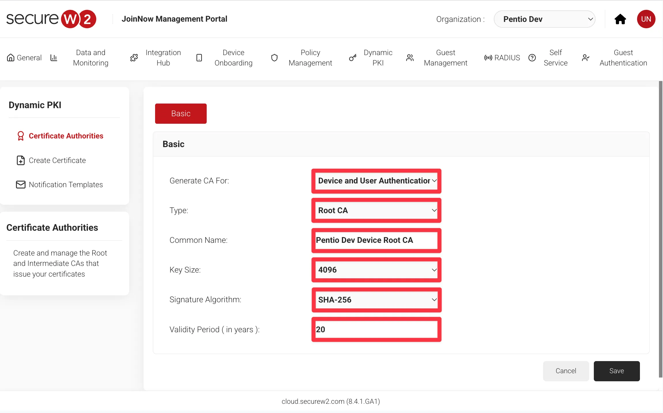 SecureW2でルート認証局を作成する画面