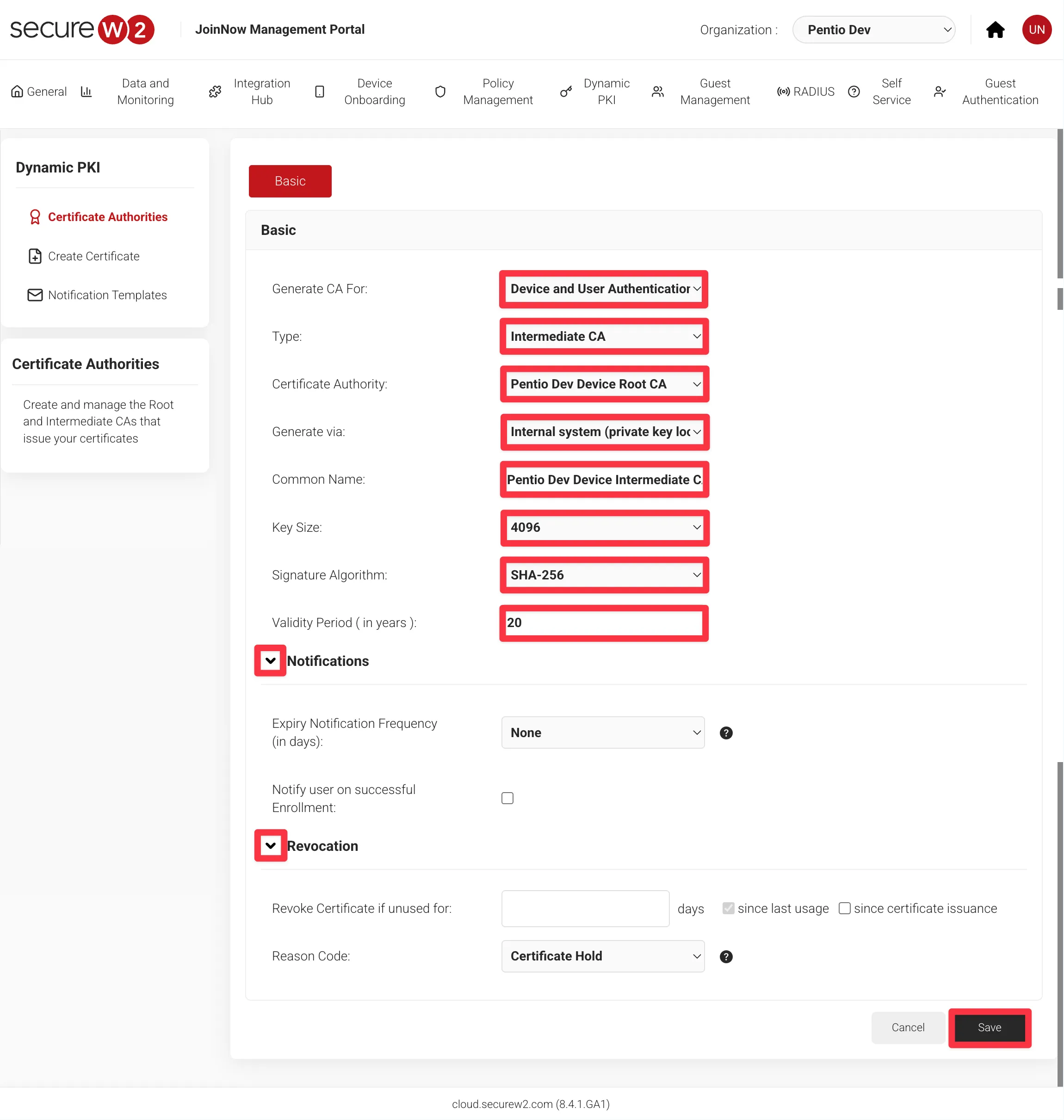 SecureW2で中間認証局を作成する画面