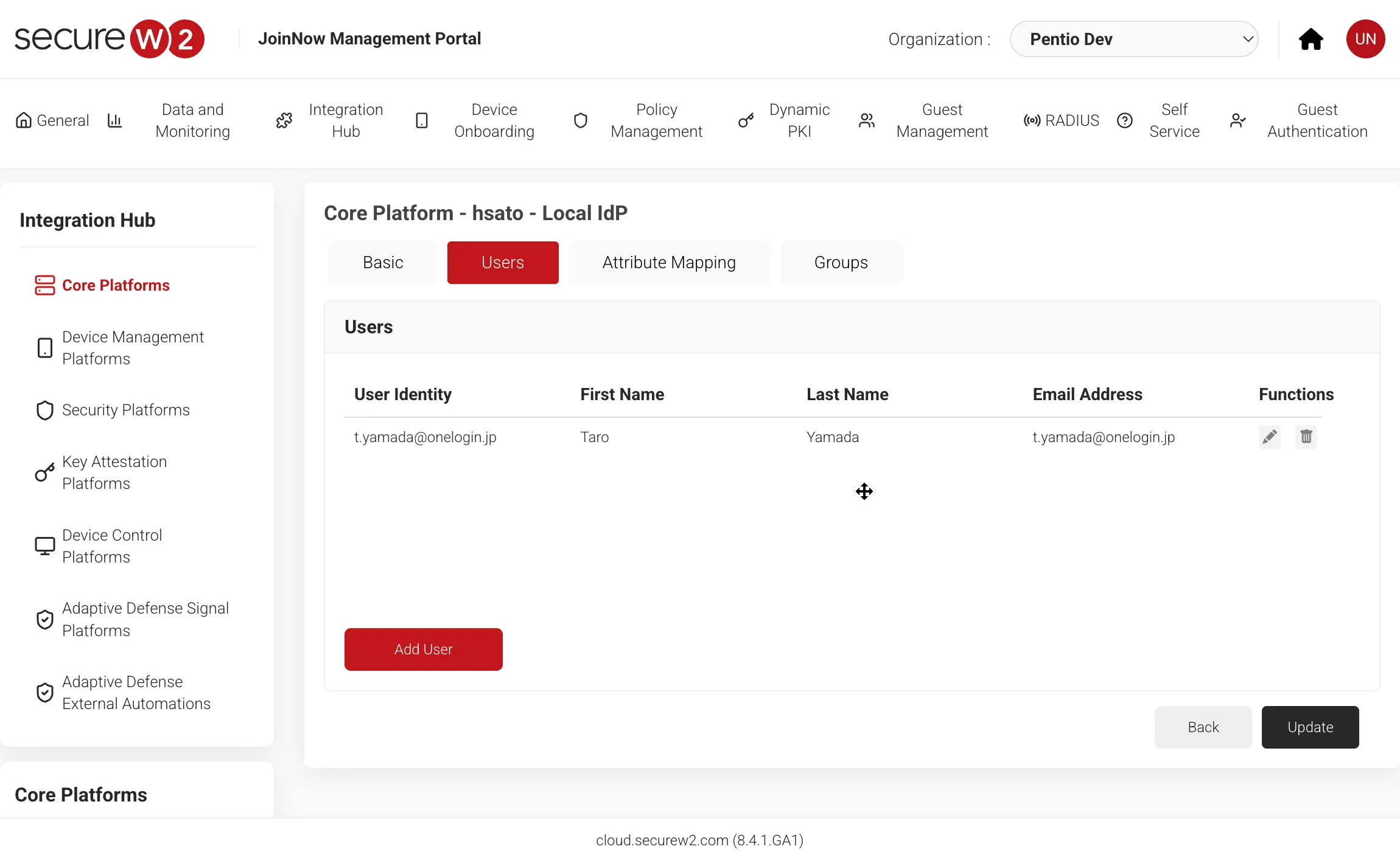 SecureW2でCore Platformを作成する画面