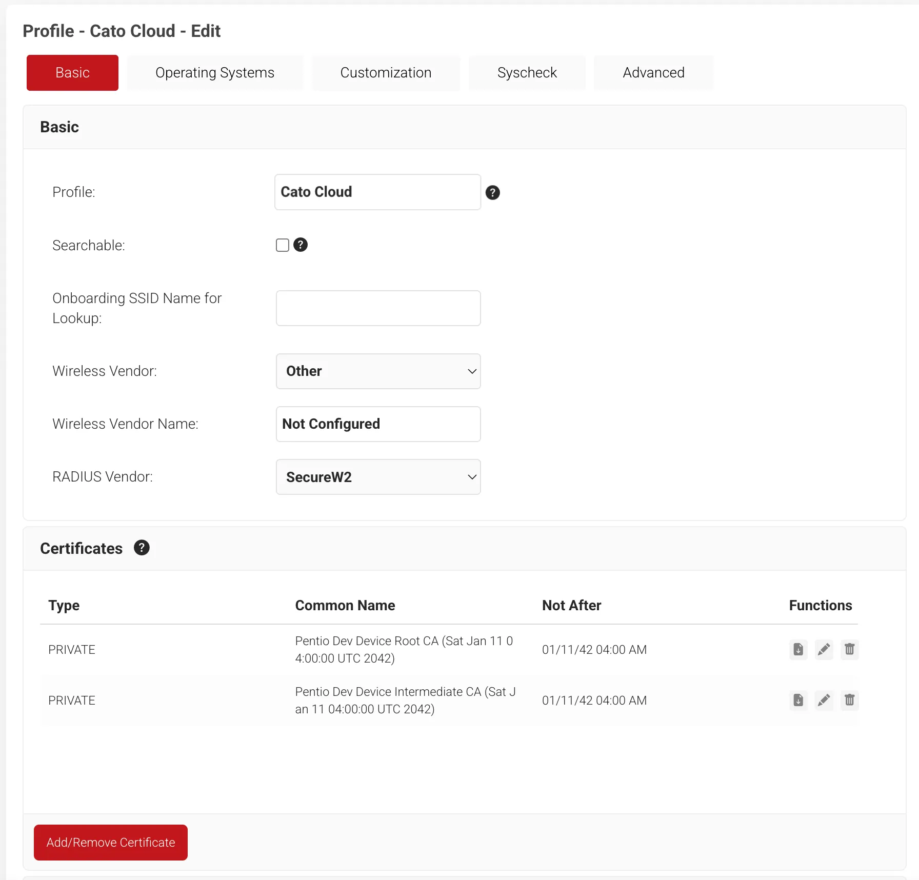 SecureW2でProfileを作成する画面
