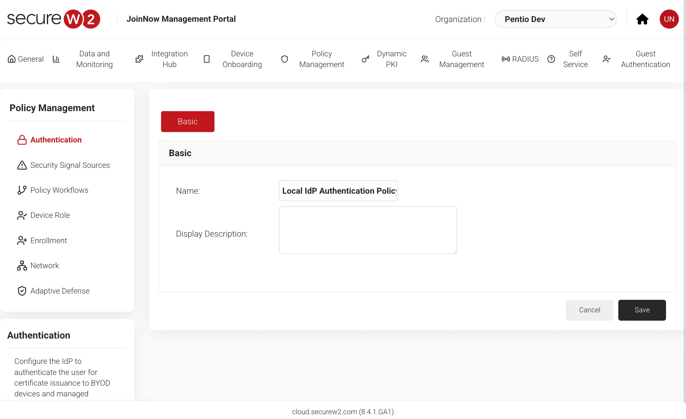 SecureW2でAuthentication Policyを作成する画面