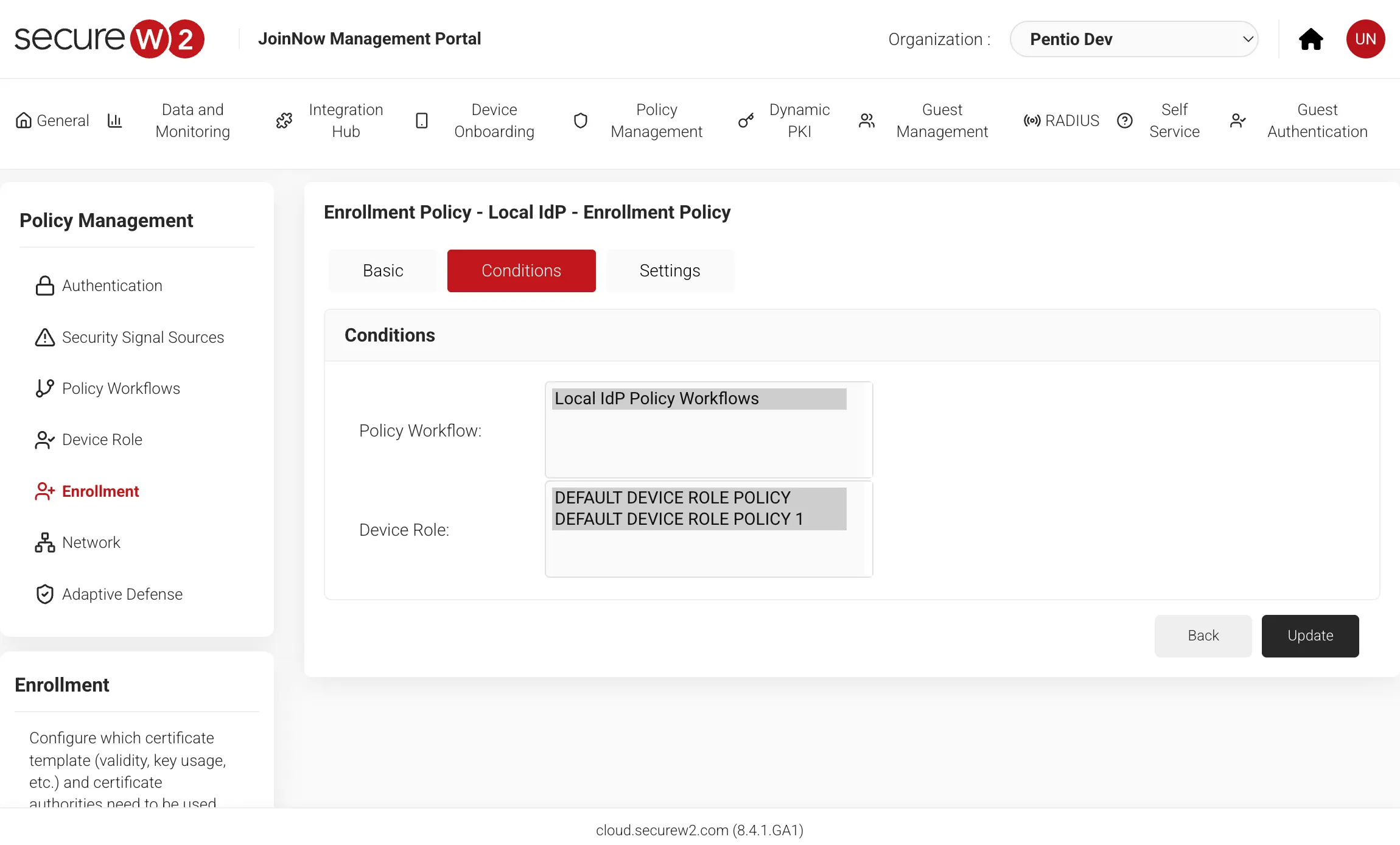 SecureW2でEnrollment Policyを作成する画面