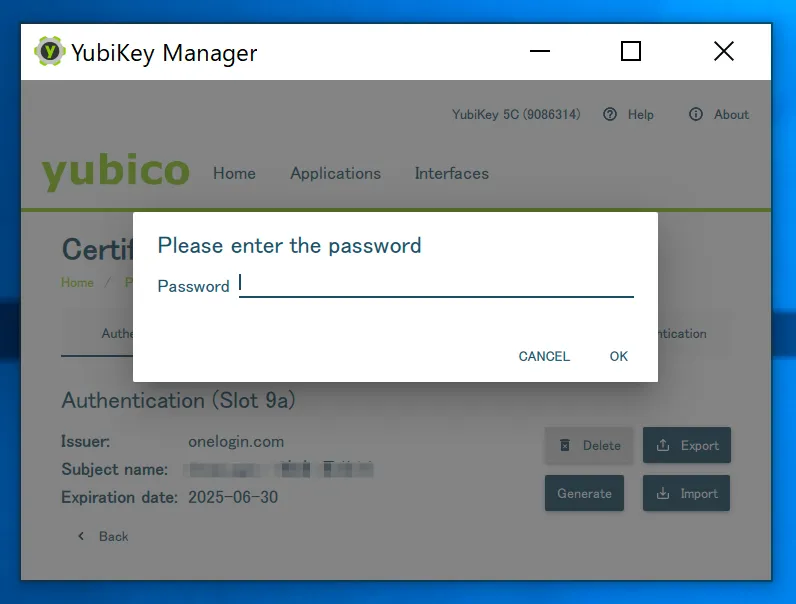 Yubikey Managerからユーザー証明書をインポートする